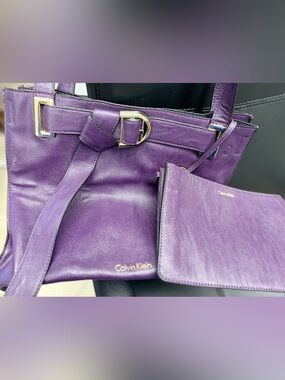 Calvin Klein Purple Faux Leather Tote Bag with Matching Zip Pouch